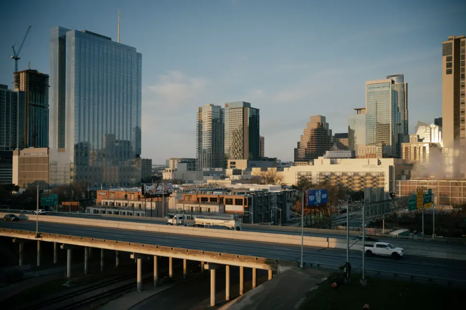 Downtown Austin towers and a construction crane.